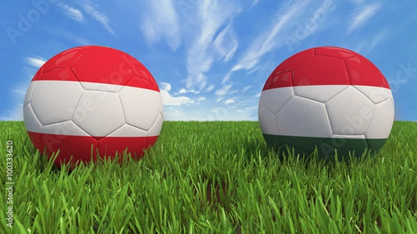 Fototapeta "
 3D soccer balls with Austria and Hungary flag, Euro 2016. Placed on 3d grass. Background isolated with clipping path."