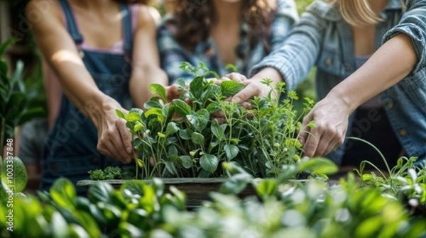Fototapeta A group of people gardening together, focusing on their hands gently tending to green plants, cultivating a shared outdoor experience...