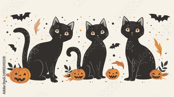 Fototapeta Flat lay design Hand drawn halloween black cats collection, Halloween elements, Happy Halloween