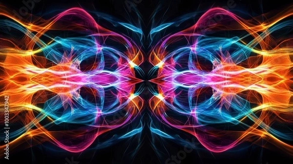 Fototapeta Bright neon light streaks crisscrossing over a black background, creating an energetic abstract pattern.