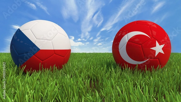 Fototapeta "
 3D soccer balls with Czech Republic and Turkey flag, Euro 2016. Placed on 3d grass. Background isolated with clipping path."