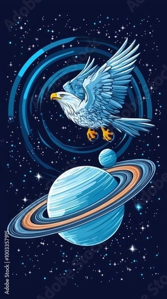 Obraz Eagle Soaring Through Space, Planet Rings, Stars