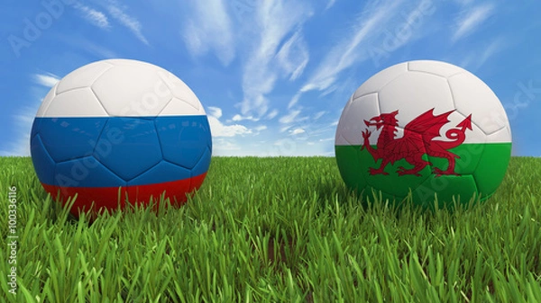 Fototapeta "
 3D soccer balls with Russia and Wales flag, Euro 2016. Placed on 3d grass. Background isolated with clipping path."