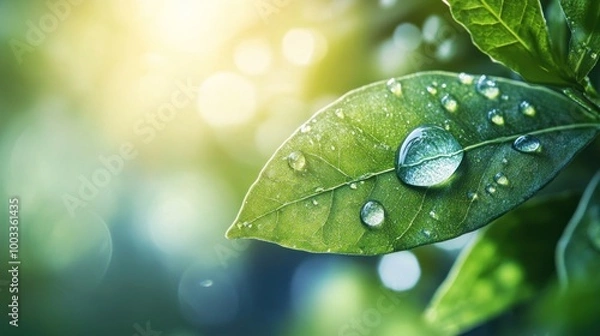Fototapeta Dewdrops on a Green Leaf
