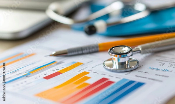 Obraz A comprehensive view of medical report featuring diagnostic charts, stethoscope, and pen, reflecting importance of health data analysis and patient care