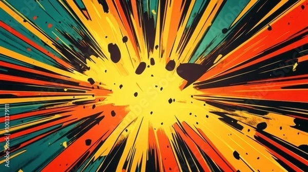 Fototapeta Abstract Explosion with Diagonal Lines and Splashes in Yellow, Orange, Teal, and Black