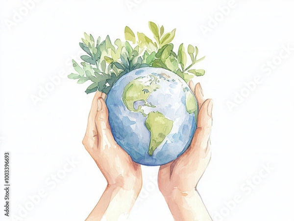 Obraz Hands holding a globe surrounded by green leaves, eco-friendly concept.