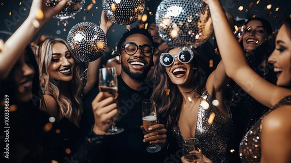 Fototapeta Group of smiling multiracial people women and men in evening wear having fun together in night club on new years eve holding disco balls surrounded by flying confetti.