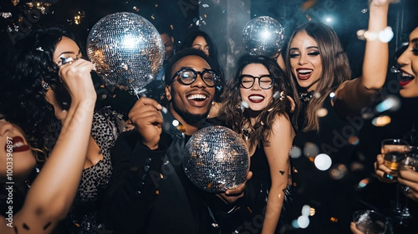 Fototapeta Group of smiling multiracial people women and men in evening wear having fun together in night club on new years eve holding disco balls surrounded by flying confetti.