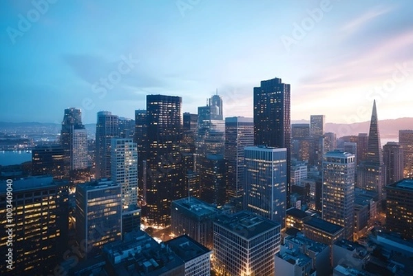 Fototapeta Mesmerizing Cityscape at Twilight Blending Modern and Traditional Architecture