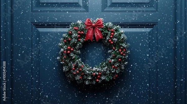 Fototapeta Christmas wreath adorned with red berries and bow on a blue door, snow falling.