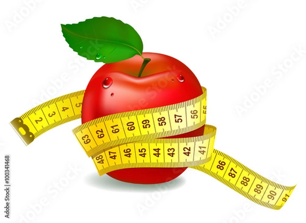 Fototapeta Red apple with measuring tape. The symbol of healthy nutrition
