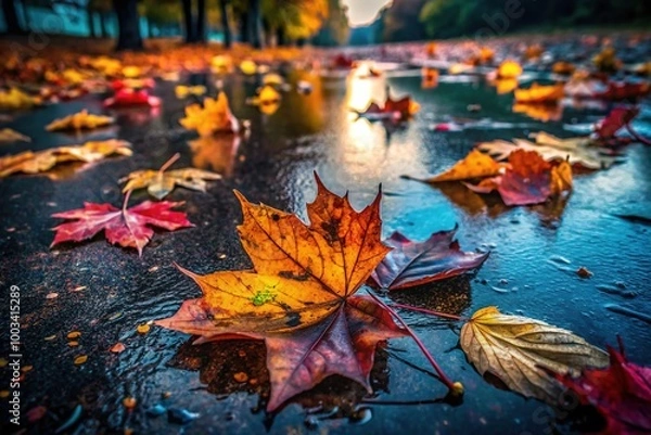 Fototapeta Fallen leaves decay on dark, wet asphalt, crafting a moody autumn scene that captures nature's bittersweet beauty and the passage of time.