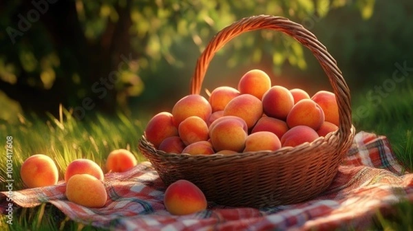 Fototapeta A basket of peaches sitting on a picnic blanket, with the fruit glowing in the soft afternoon light.