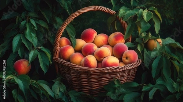 Fototapeta Fresh peaches piled high in a wicker basket, set against a backdrop of lush green leaves.