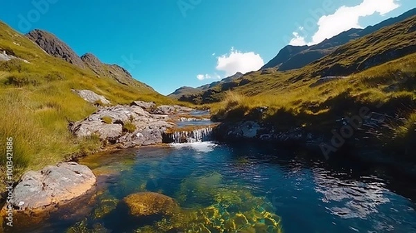 Obraz Tranquil Mountain Stream with Blue Sky and Lush Grass