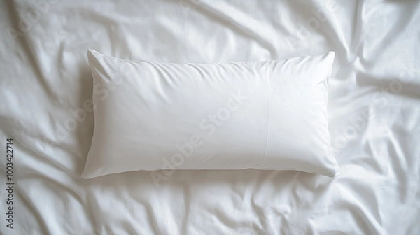 Fototapeta a soft, minimalist top-down view of a rectangular white pillow on smooth white sheets
