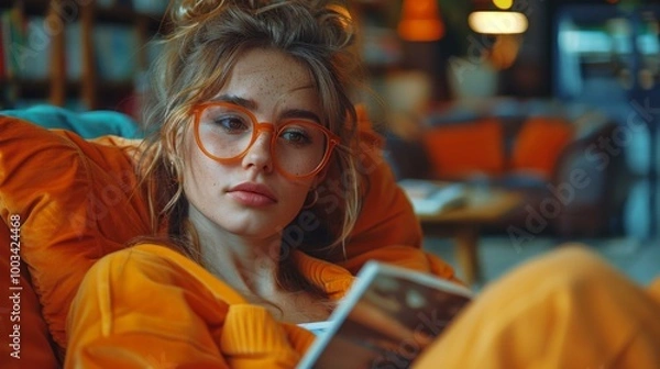 Obraz A woman in orange glasses reading a book on the couch. AI.