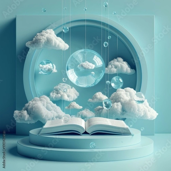 Obraz A book with clouds and bubbles floating around it. AI.