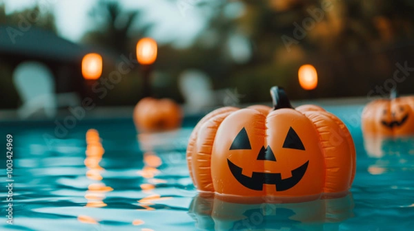 Fototapeta Floating Halloween pumpkin decoration in pool during twilight