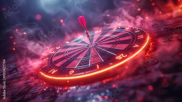 Fototapeta A dartboard illuminated with neon lights and a dart hitting the bullseye amidst smoky effects.