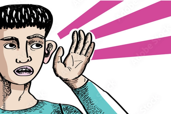 Fototapeta Vector illustration of a man listening - overhear, gossip, spy concept. Hand drawn sketchy comic character - man with palm near his ear. Retro poster style. Comic stripe, pop art.