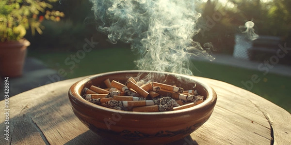 Fototapeta  a wooden bowl filled with cigarette butts, emitting smoke. It's set against a blurred background, possibly indicating a sunset.