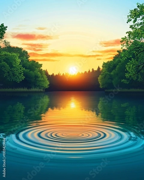 Fototapeta Tranquil sunset over a still lake with ripples in the water.