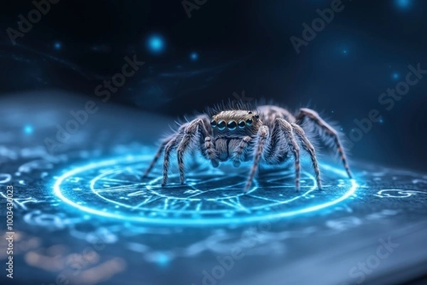 Fototapeta Cybernetic Spider: Futuristic digital art of a spider on a glowing blue circular symbol, technology, mystery, and the occult. 