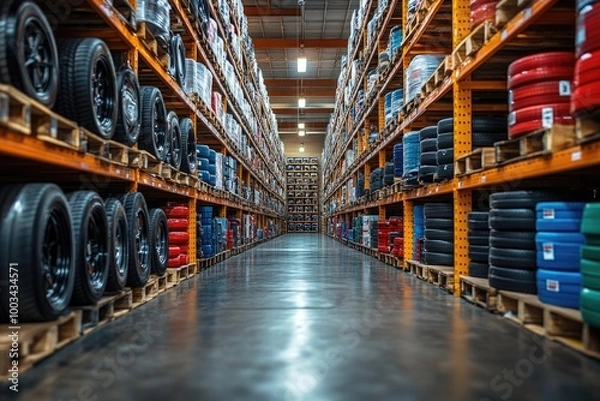 Fototapeta Efficiently Organized Auto Parts Warehouse with Ample Space and Easy Access to Diverse Inventory