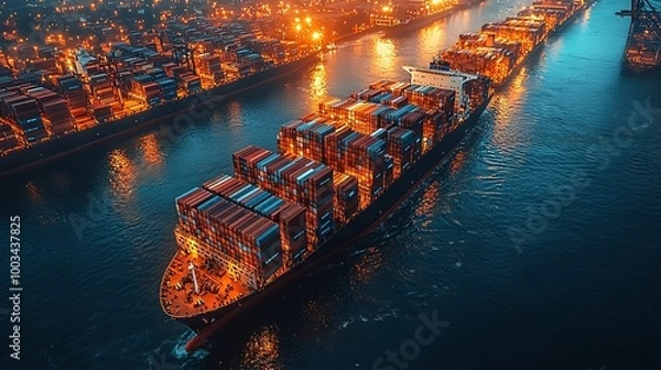 Obraz A world map displaying AI-managed container ship routes, optimizing supply chain logistics for efficient global trade