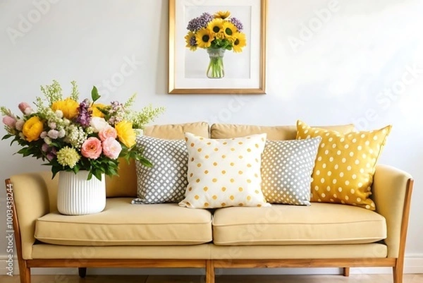 Fototapeta  Stylish sofa setup with bold cushions and fresh flowers, creating a cheerful and inviting atmosphere. Mock up poster frame