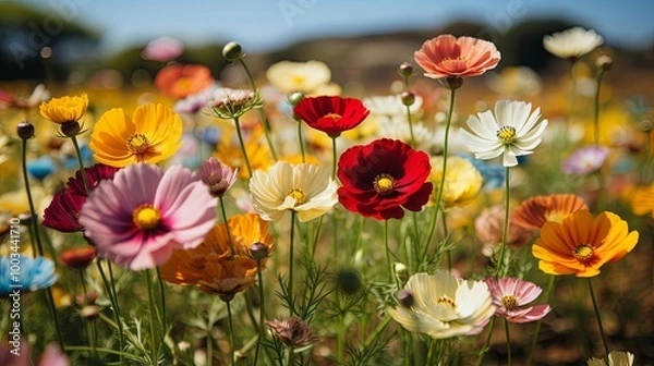 Fototapeta A field of cosmos flowers, with their vibrant hues of pink, yellow, red, and white, create a breathtaking tapestry of nature's beauty.