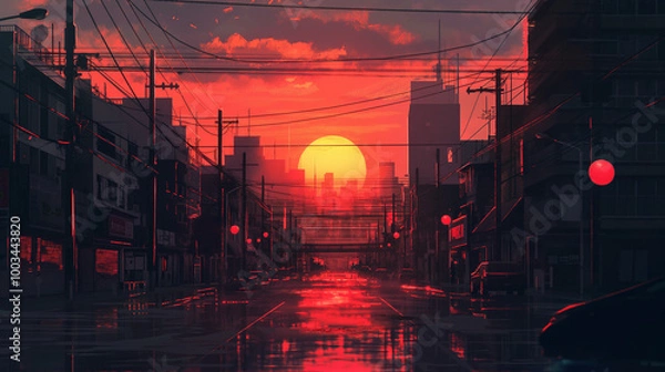 Obraz A cyberpunk city street at sunset, with a skyline in the background, in the anime art