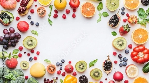 Fototapeta A colorful assortment of fresh fruits and vegetables arranged in a frame shape on a white background.