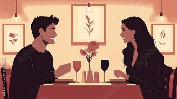 Fototapeta A couple on a romantic date night at a restaurant, sitting across from each other, enjoying a meal and conversation, with wine glasses and a rose on the table.