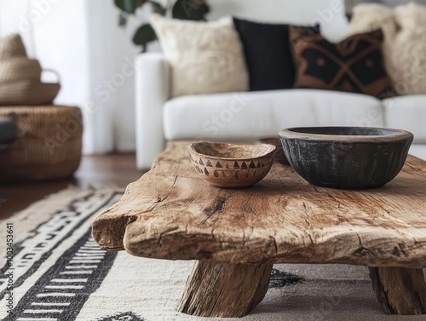 Obraz A low, rustic coffee table adorned with eclectic decor, sitting in a cozy living room Midlevel shot from the side, focusing on the woods texture and the laidback style