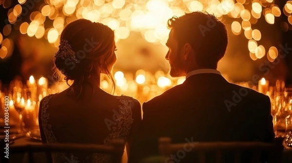 Fototapeta Bride and groom sitting at wedding reception with warm candlelight bokeh in the background