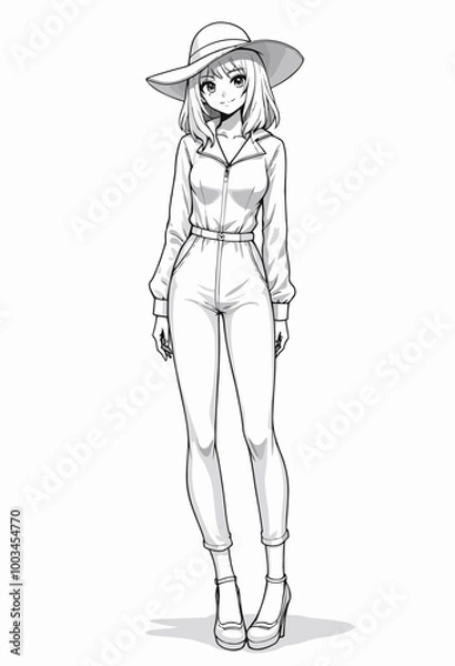 Fototapeta Stylish Anime Character Design: Minimalist Line Art of Fashion Model in Jumpsuit - Trendy Adult Coloring Page for Anime & Style Fans