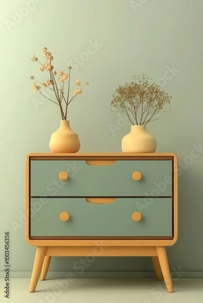 Fototapeta Streamlined dresser, flat design, front view, modern retro theme, 3D render, Triadic Color Scheme