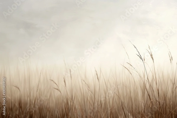 Obraz Misty Prairie Haven, an enchanting scene of a fog-covered grassland, where soft hues blend into the horizon, evoking a sense of tranquility and timeless beauty.
