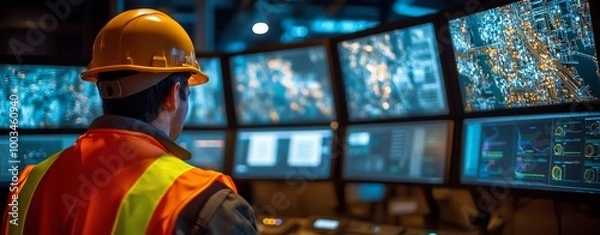 Fototapeta A worker in an oil and gas control room with multiple monitors displaying location maps, data graphs, and visualization graphics, wearing a hard hat and an orange safety vest