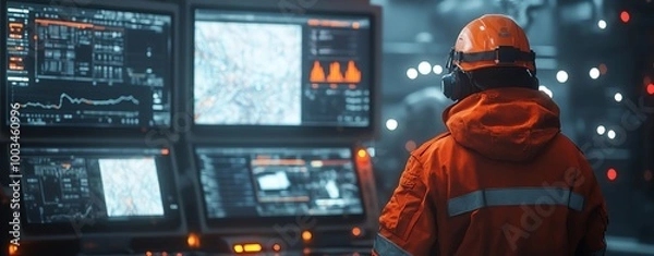 Obraz Cinematic shot of an oil and gas worker working in the control room with several monitors displaying technical data, maps, or cartography on the screen, wearing a helmet