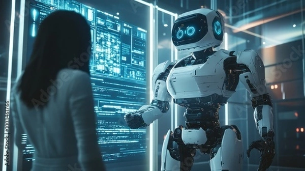 Fototapeta Human and Robot Interaction in Futuristic Environment