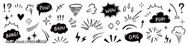 Fototapeta Comic boom cartoon effect line element set. Comic speech bubble pow, boom text, explosive splash smoke, wow cartoon vector icon. Hand drawn sketch doodle explosive element. Vector illustration.