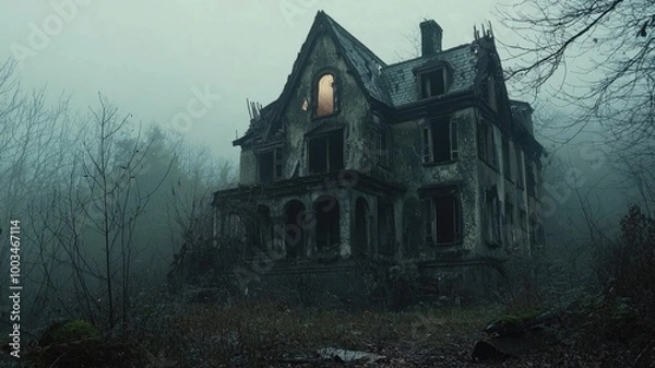 Fototapeta Abandoned House with a Glowing Window in a Foggy Forest