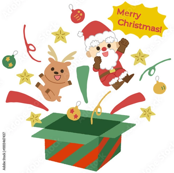 Obraz クリスマスプレゼントの箱から飛び出すサンタとトナカイのイラスト