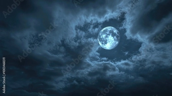 Fototapeta Full Moon Shining Through Clouds in a Dark Night Sky