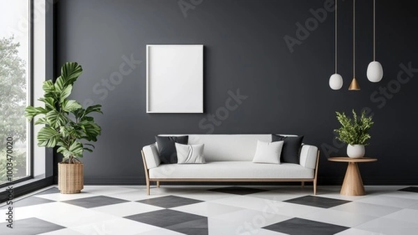 Fototapeta Modern living room with a stylish sofa and indoor plants against a dark wall.