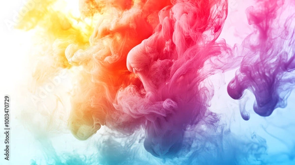 Fototapeta Colorful watercolor ink mixes with each other on a white background. The concept of creativity and freedom. A multicolored cloud of smoke with a rainbow effect